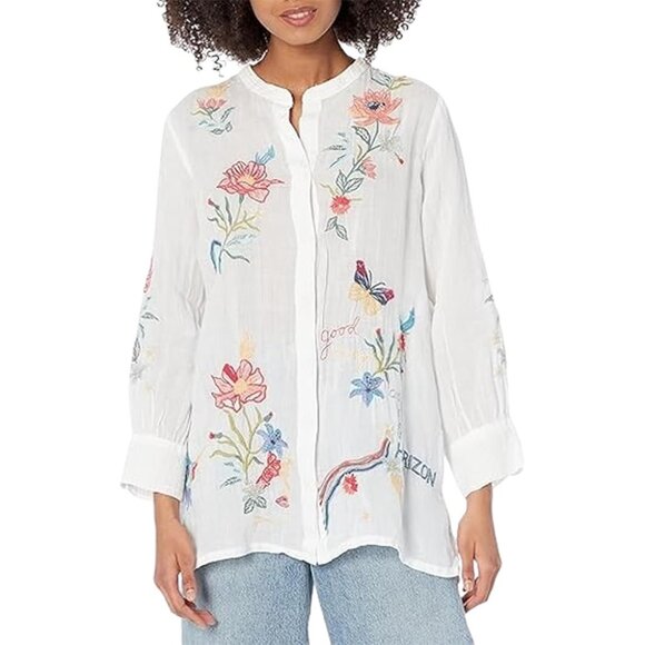 Johnny Was Jordan Voyager Tunic Shirt Floral White Flower Embroidery Top NEW - Picture 6 of 7